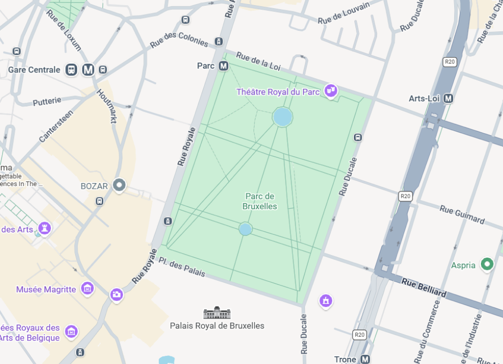 Kaart van de ligging van het Koninklijk Paleis en het openbaar vervoer in de buurt
